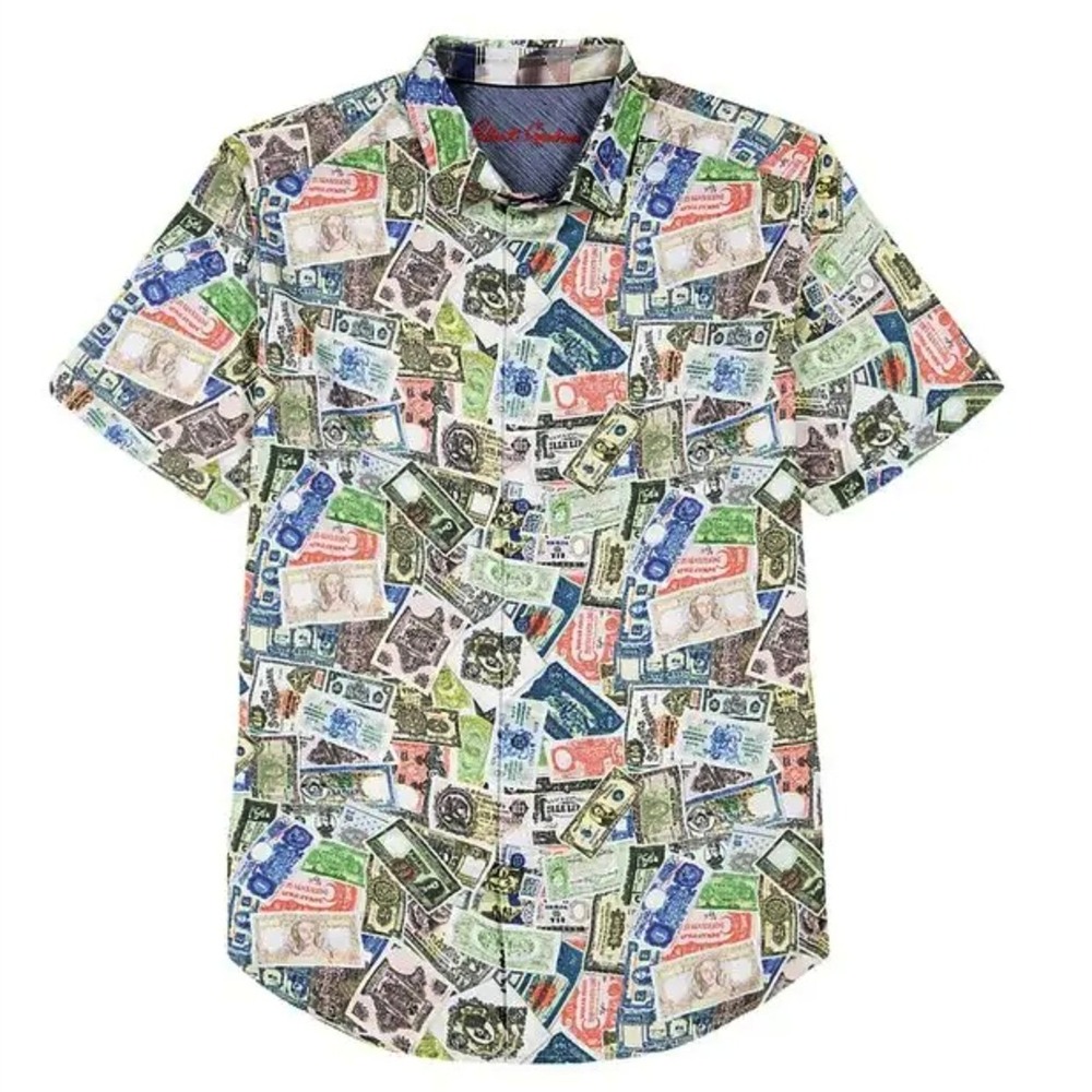 Robert Graham The Heist Mens 2XL Classic Fit Shirt‎ Money Print Short Sleeve NEW